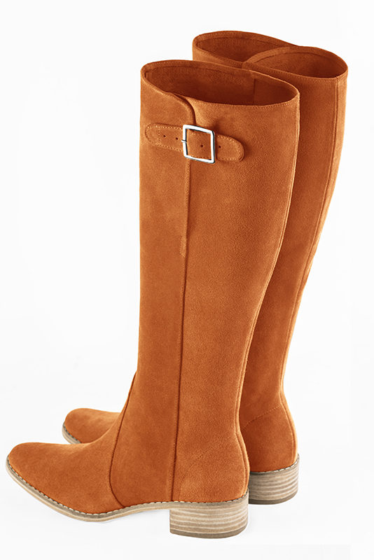 Apricot orange women's knee-high boots with buckles. Round toe. Low leather soles. Made to measure. Rear view - Florence KOOIJMAN